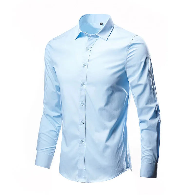 Man wearing a loose-fit linen long sleeve shirt in a neutral colour, showing the slim profile and button front.