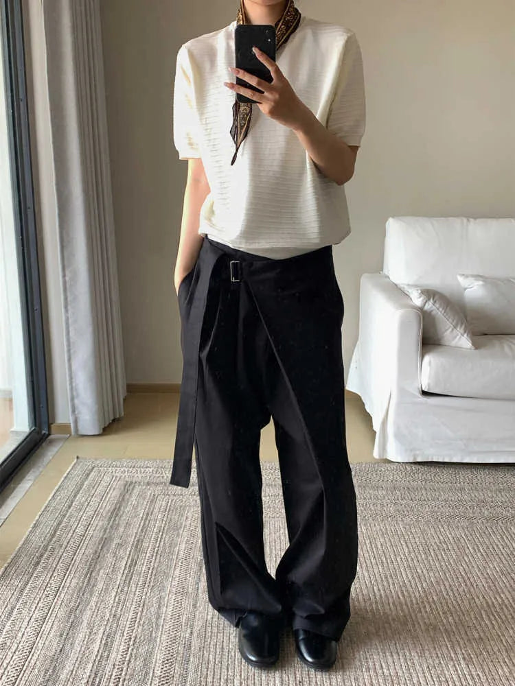 Black straight leg trousers with adjustable waistband and single pleated front detail