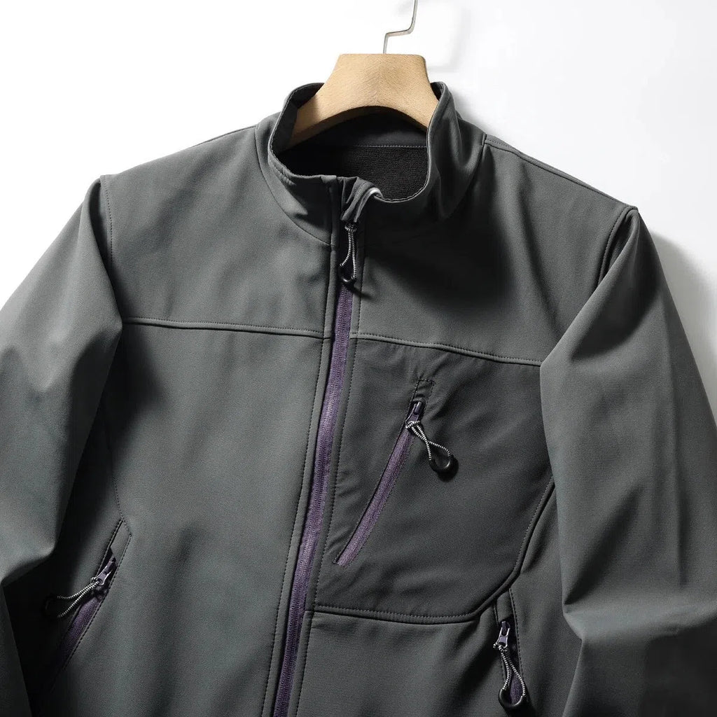 Men's retro stand-up collar coat with contrast colour patchwork, zipper pockets, in Misty White, Olive Yellow, and Rock Gray