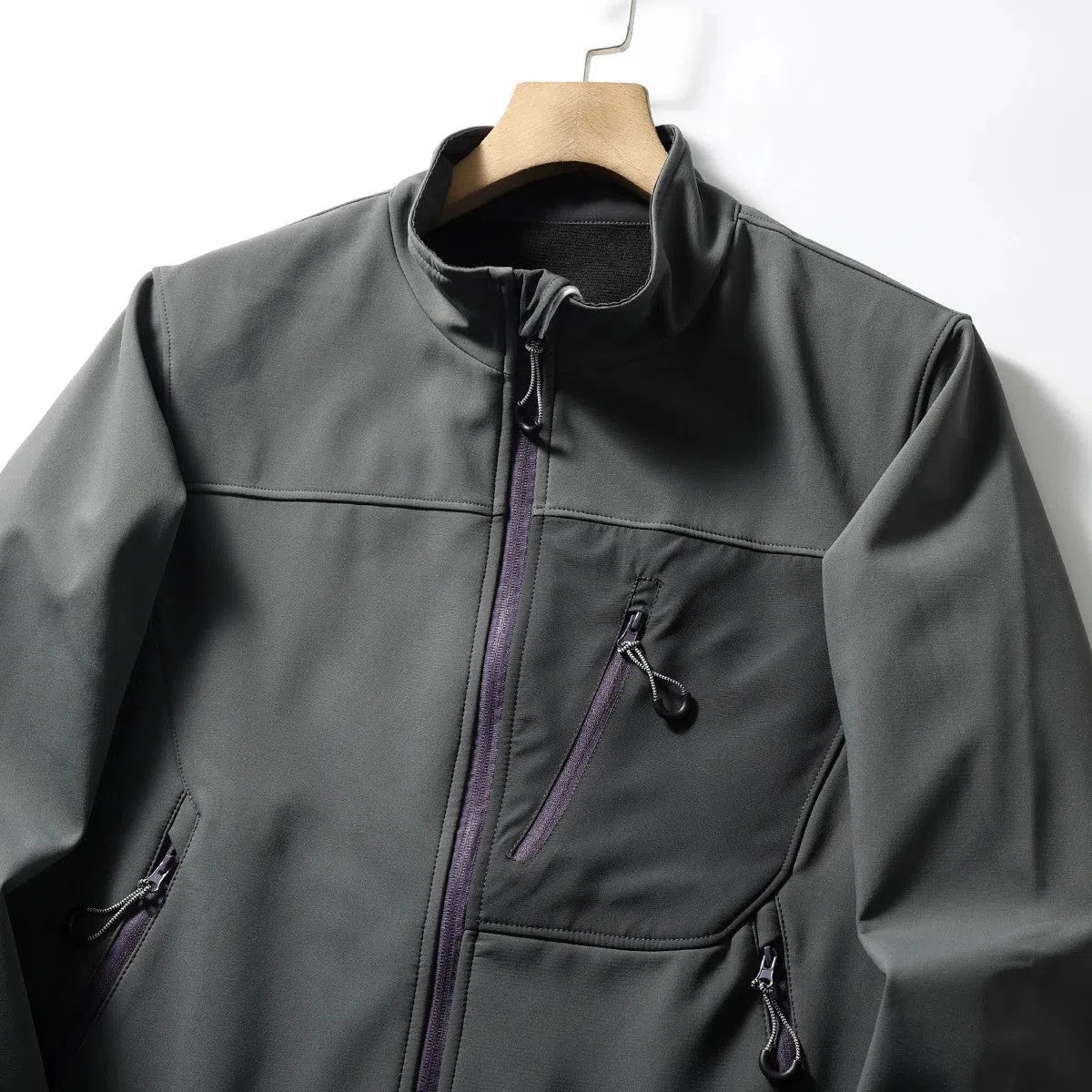 Men's retro stand-up collar coat with contrast colour patchwork, zipper pockets, in Misty White, Olive Yellow, and Rock Gray
