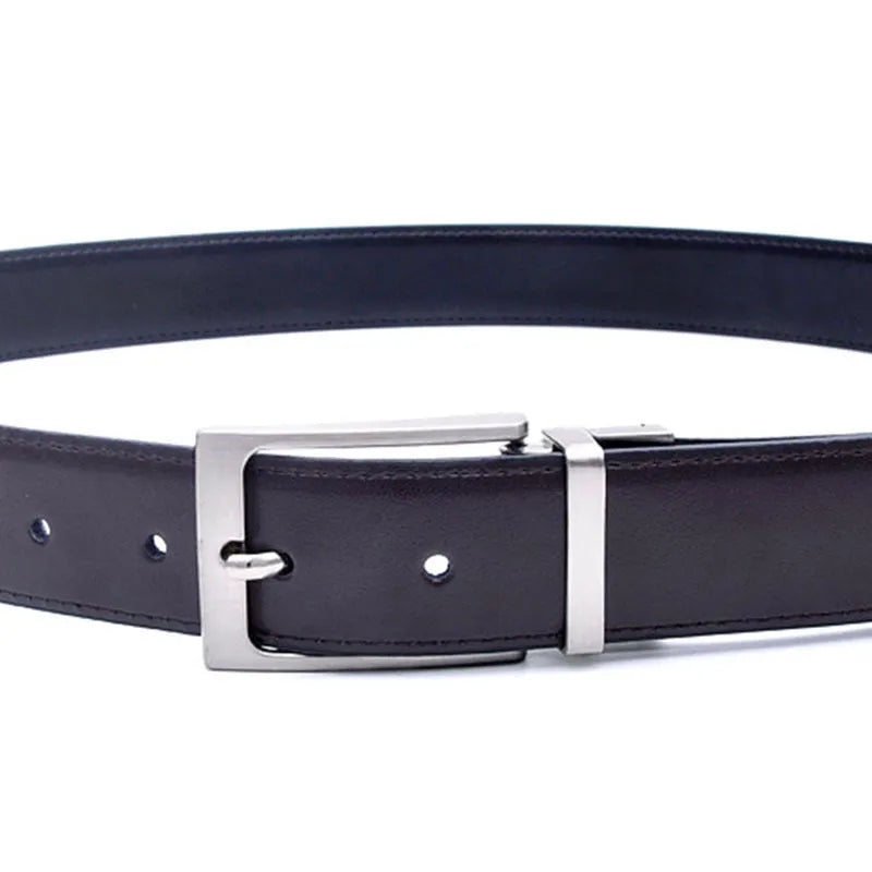 Men's dark brown and black genuine leather belt with a rotating alloy pin buckle
