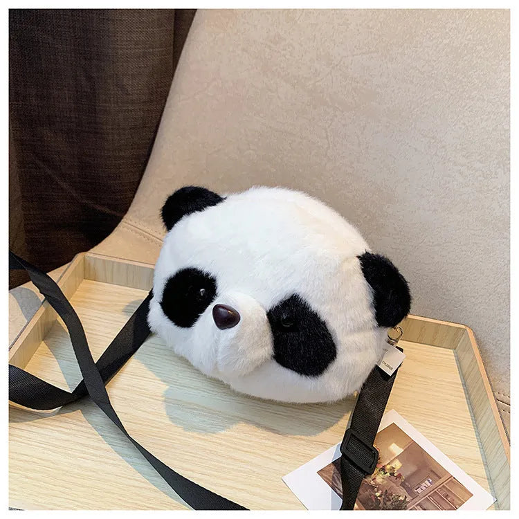 Soft plush panda head crossbody shoulder bag with cylindrical shape and sandwich pockets