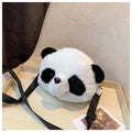 Soft plush panda head crossbody shoulder bag with cylindrical shape and sandwich pockets