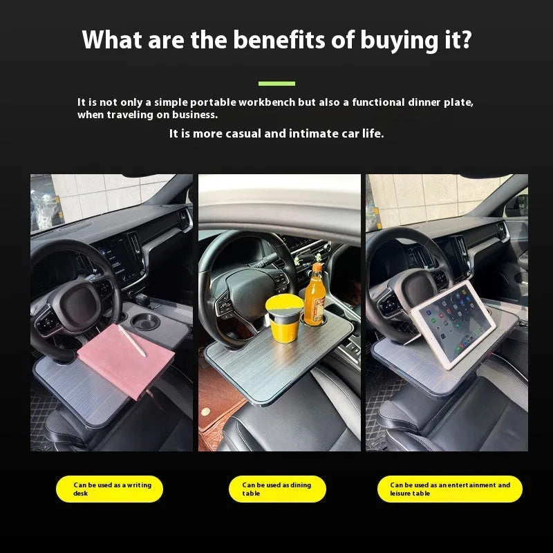 Foldable black ABS plastic car steering wheel tray with a large flat surface, shown unfolded on a steering wheel.