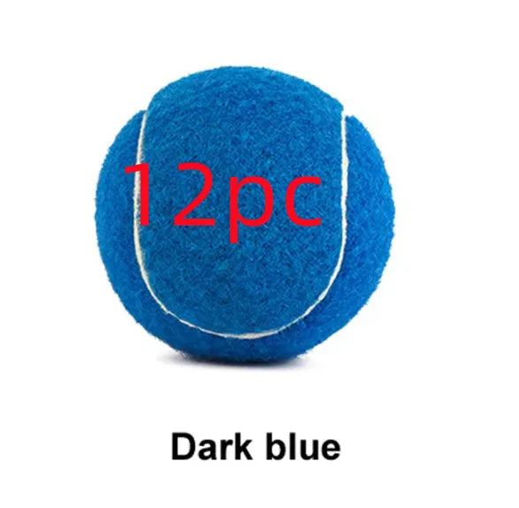 6.3 cm diameter solid rubber dog tennis ball in assorted bright colours on a green lawn.