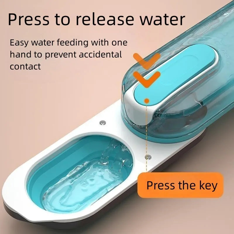 Blue portable dog water bottle with foldable silicone drinking bowl attached, showing integrated carry handle