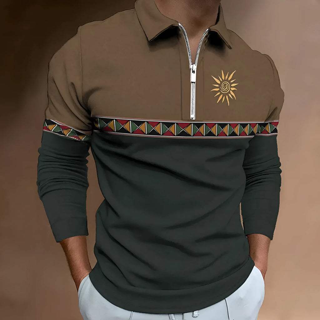 Men's retro colour print golf t-shirt with striped pattern and zipper details on long sleeve loose fit top
