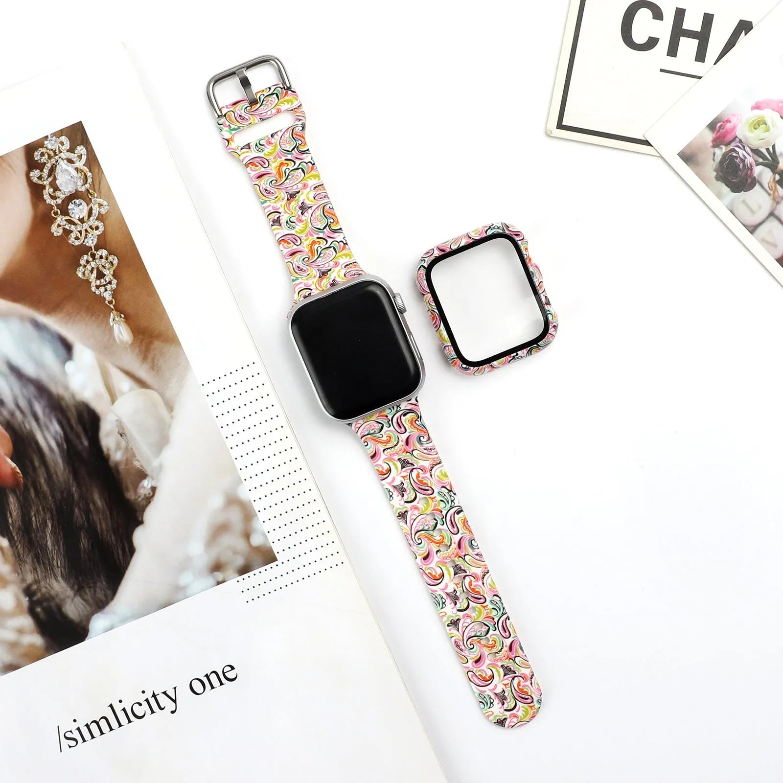 Colourful printed silicone watch strap for Apple Watch showing multiple style options