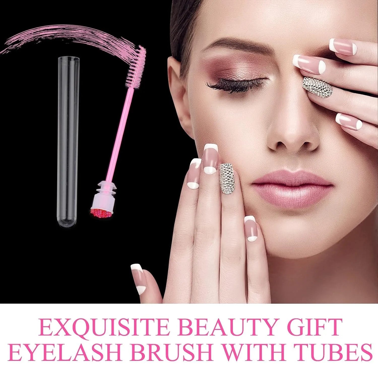Set of coloured disposable eyelash spoolie brushes inside clear plastic storage tubes.