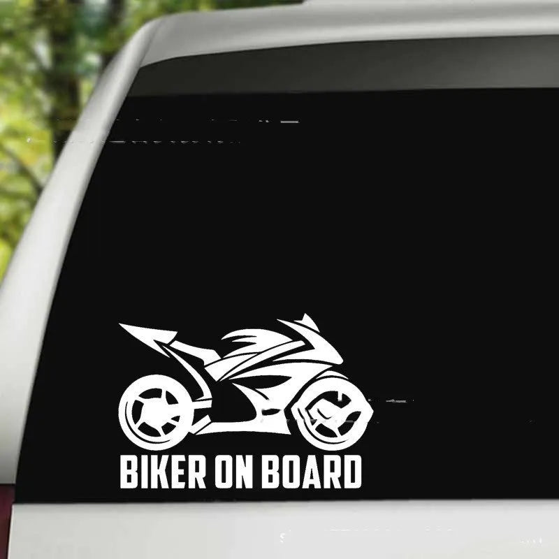 Motorcycle reflective safety sticker in PET material showing two size options: 14×20cm and 10×15cm