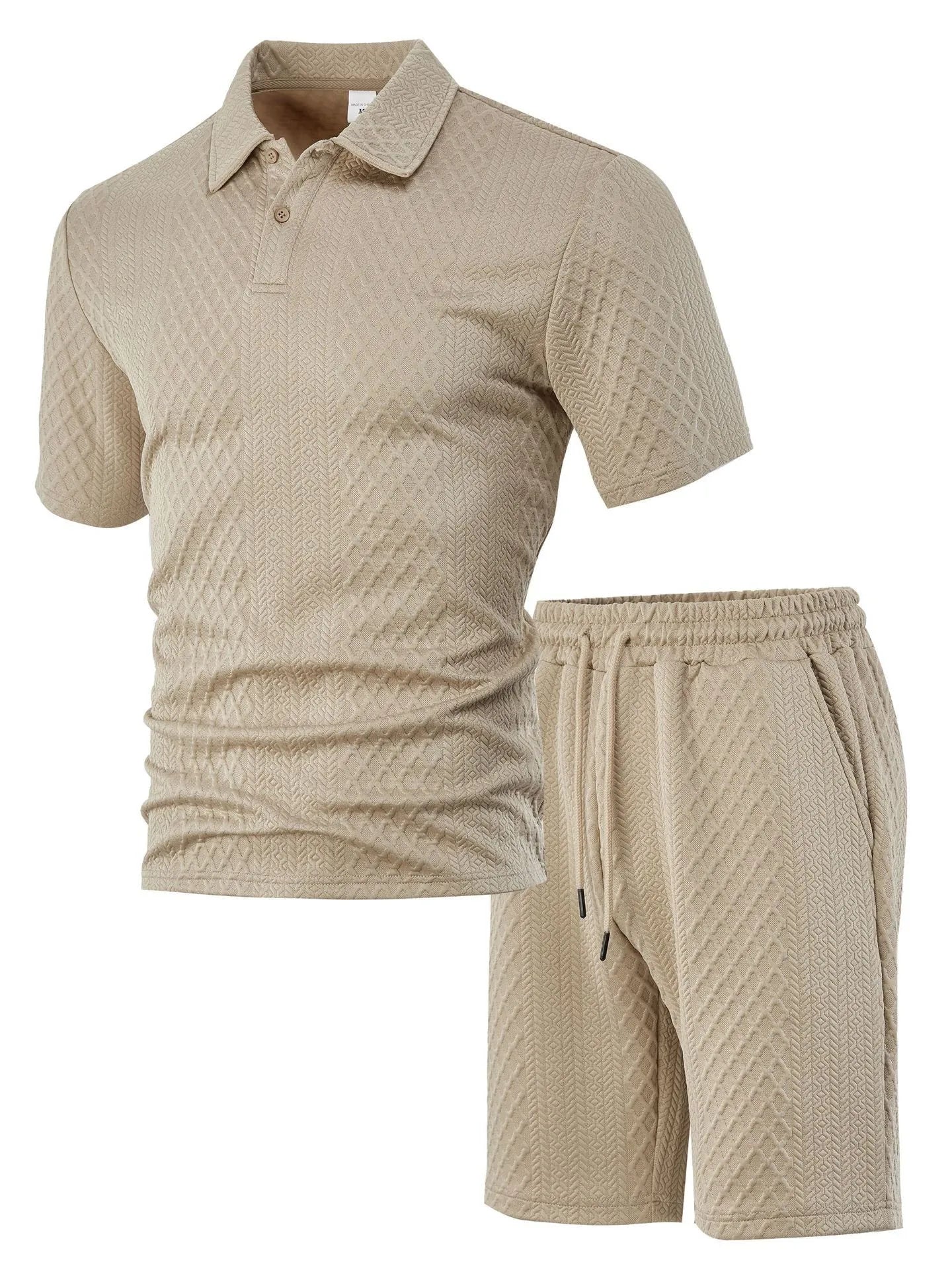 Men's patterned cloth casual suit with short sleeve polo top and matching trousers in multiple colour options