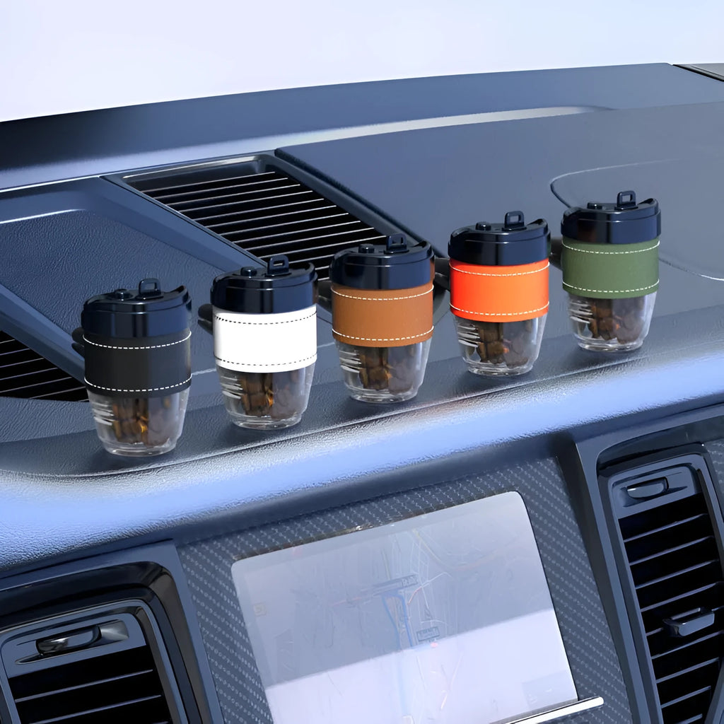 Plastic coffee cup shaped car air freshener with solid coffee bean fragrance