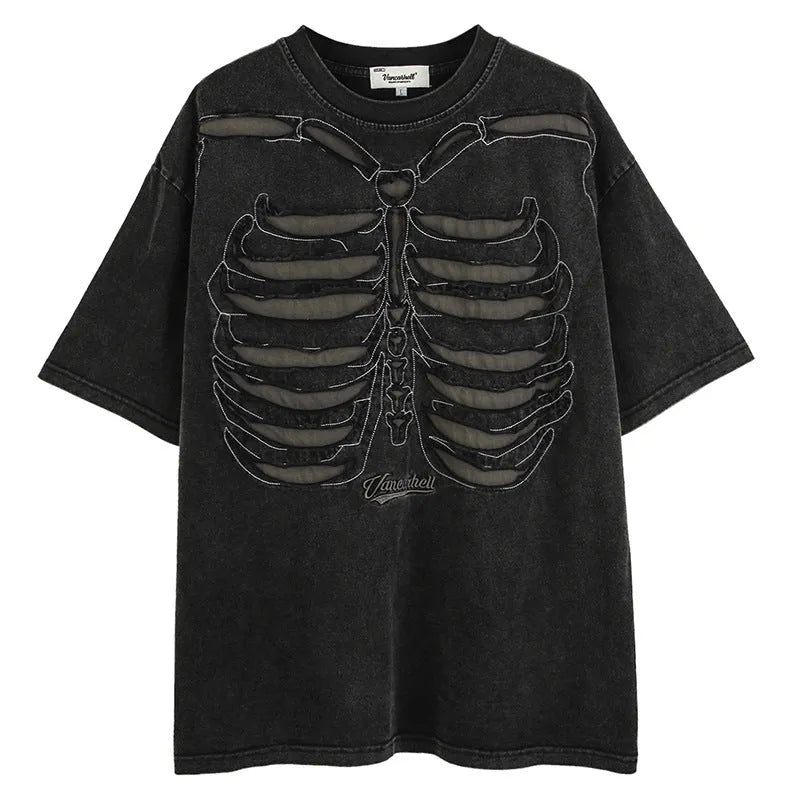 Brown skull design short sleeve t-shirt with letter pattern and drop-shoulder sleeves