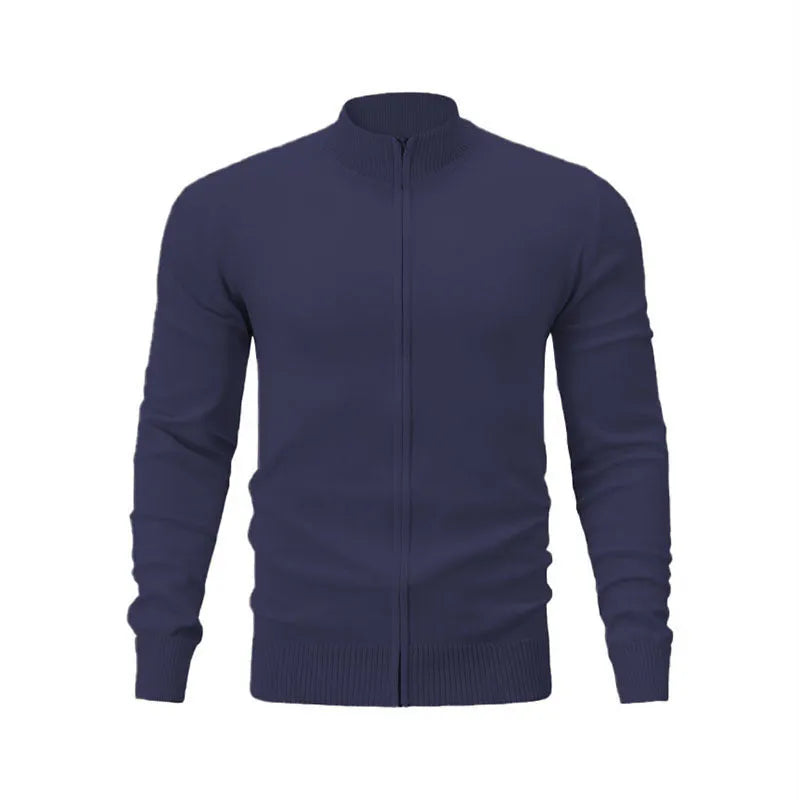 Men's cotton zip-up cardigan with stand collar in loose fit available in seven solid colours