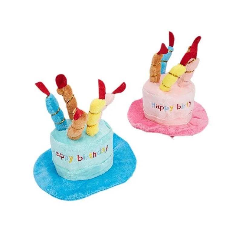 Blue and pink birthday hats for toy dogs showing 21cm width measurement