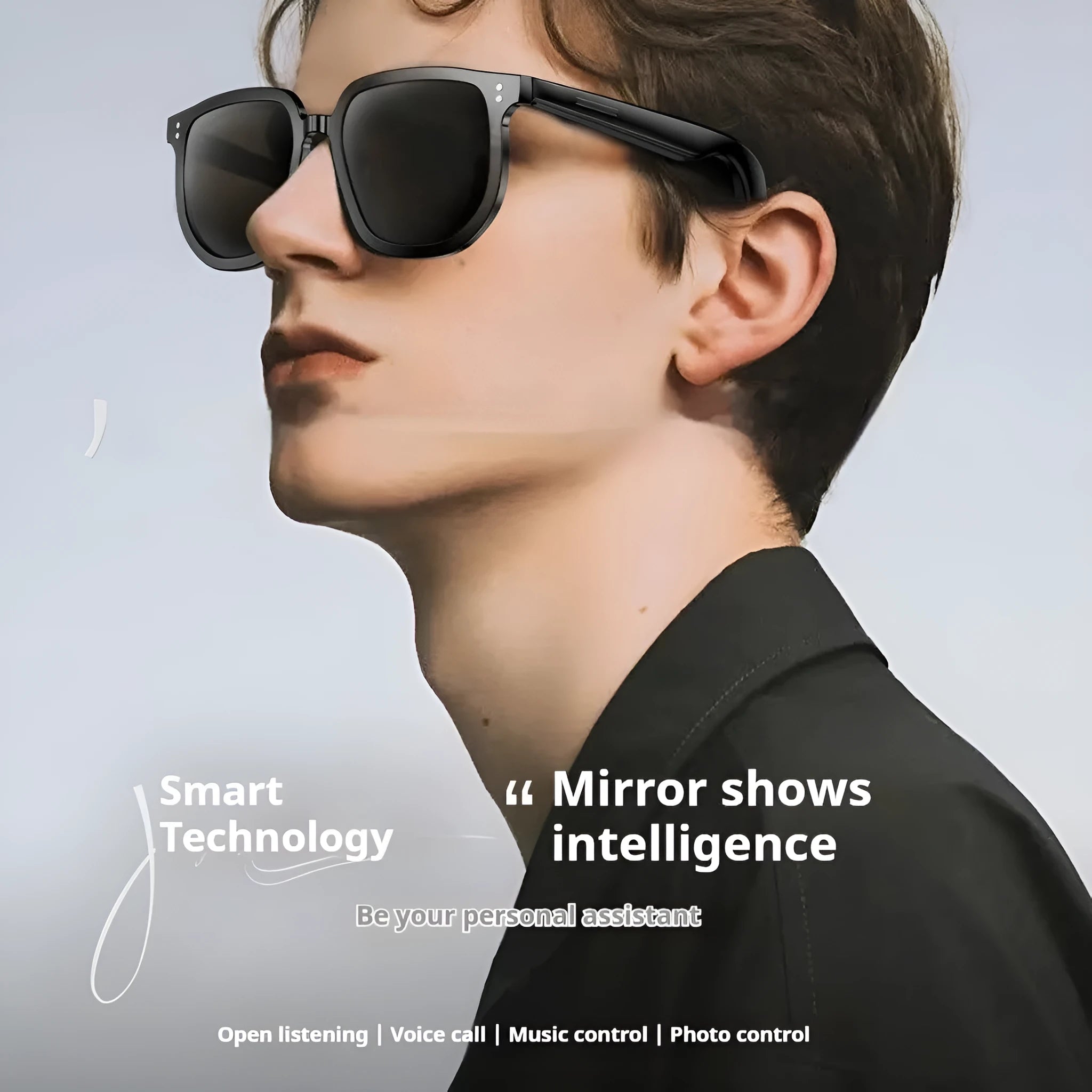 Black AI smart glasses with Bluetooth, touch controls, and UV protection lenses.