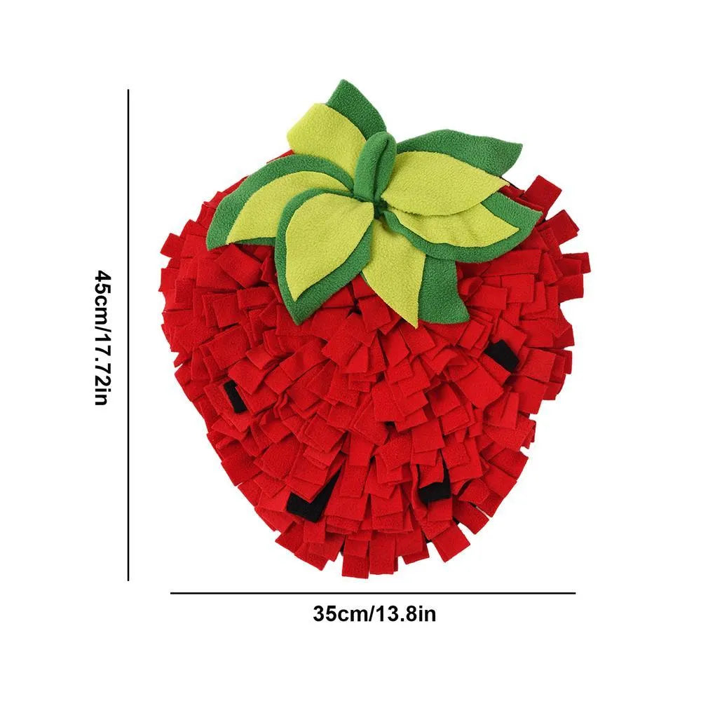 Red and green strawberry-shaped pet slow feeder mat with hiding spots measuring 45x35 cm