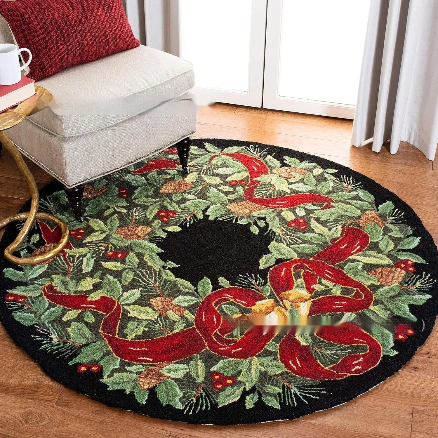 Christmas-themed polyester carpet with printed festive design in square format