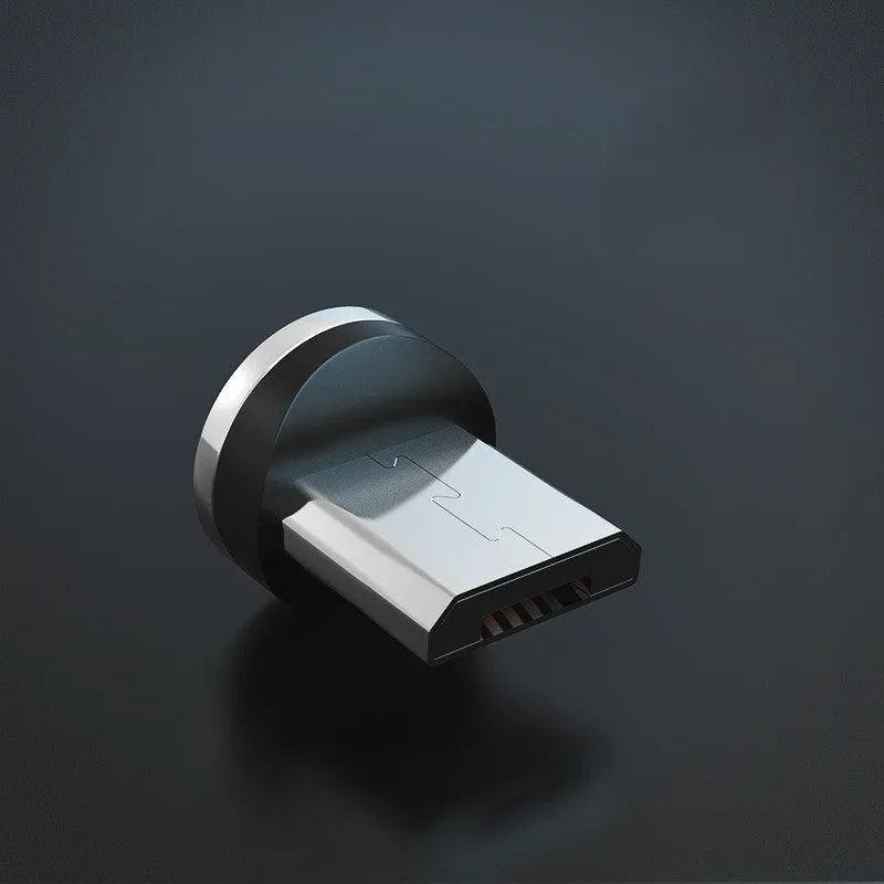 Magnetic charging cable with breathing light showing USB plug and interchangeable Lightning, Micro USB, and Type-C magnetic heads.