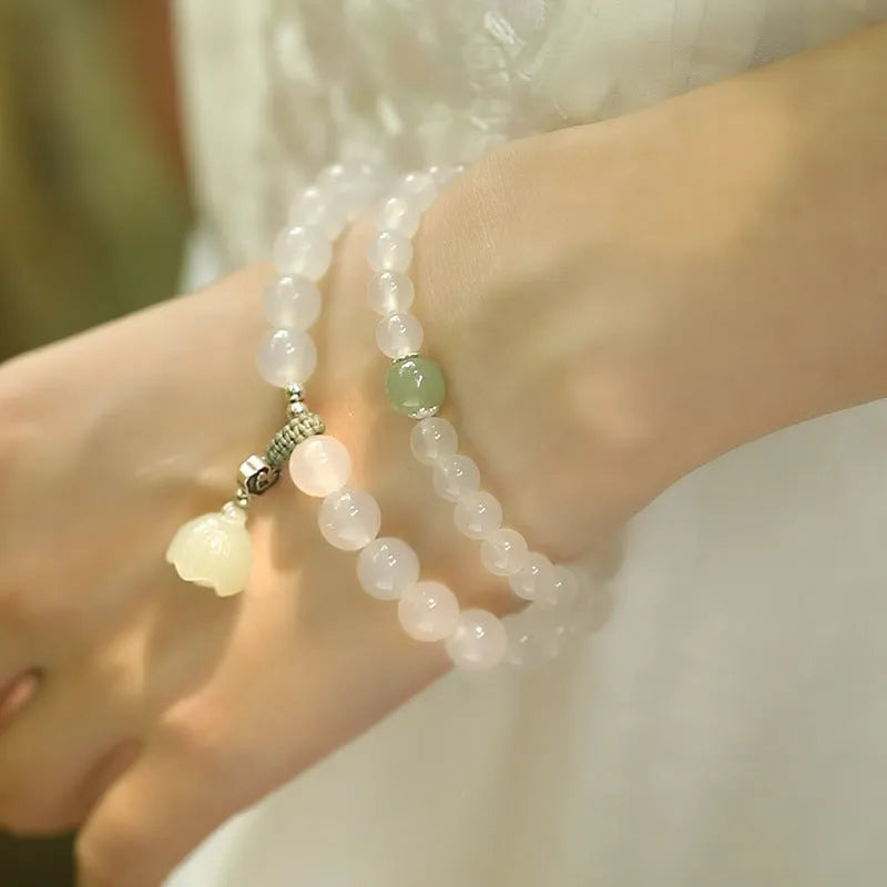 Women's S925 silver and white agate Hetian jade bracelet with geometric lotus pattern