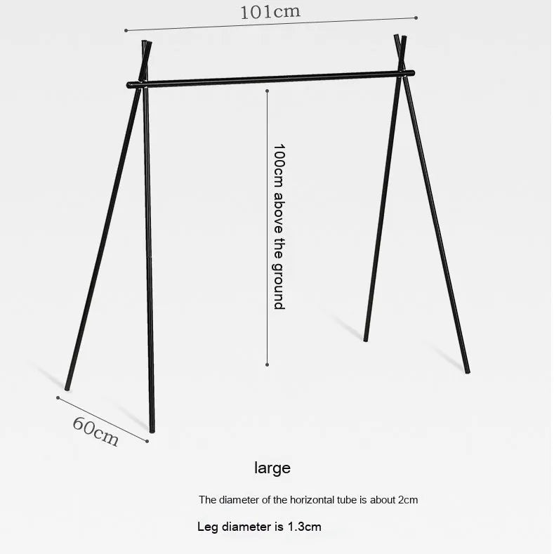 Silver aluminium foldable triangle camping clothes drying rack with side hanger and multiple hooks.