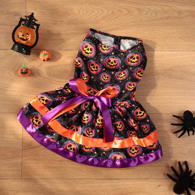 Halloween dog skirt with colourful pumpkin or skull print in polyester fabric