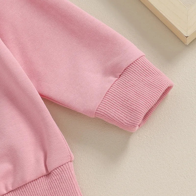 Baby girl solid colour letter embroidered sweater and trousers suit in pink cotton blend