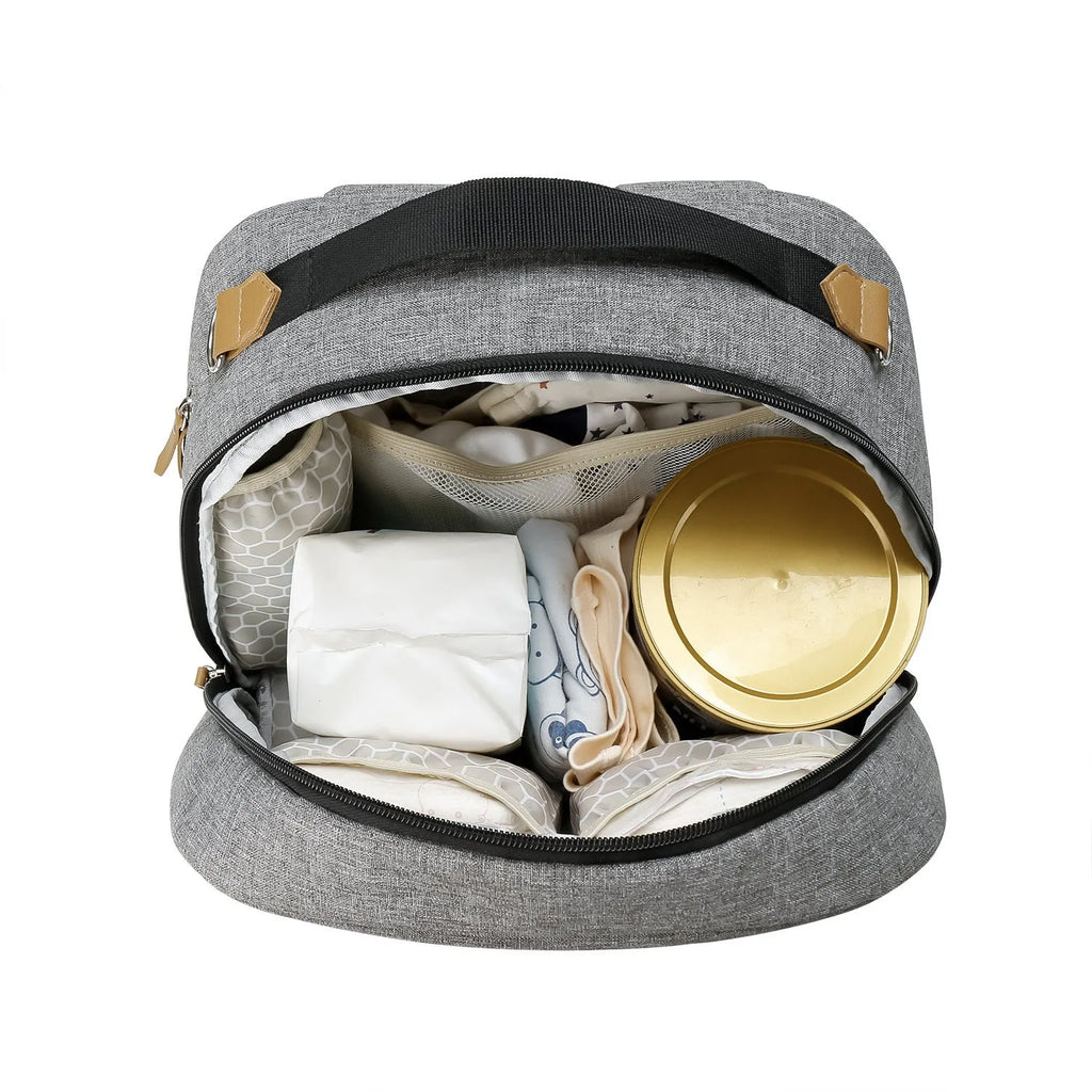 Grey insulated mother and child travel backpack with curved straps and multiple compartments.