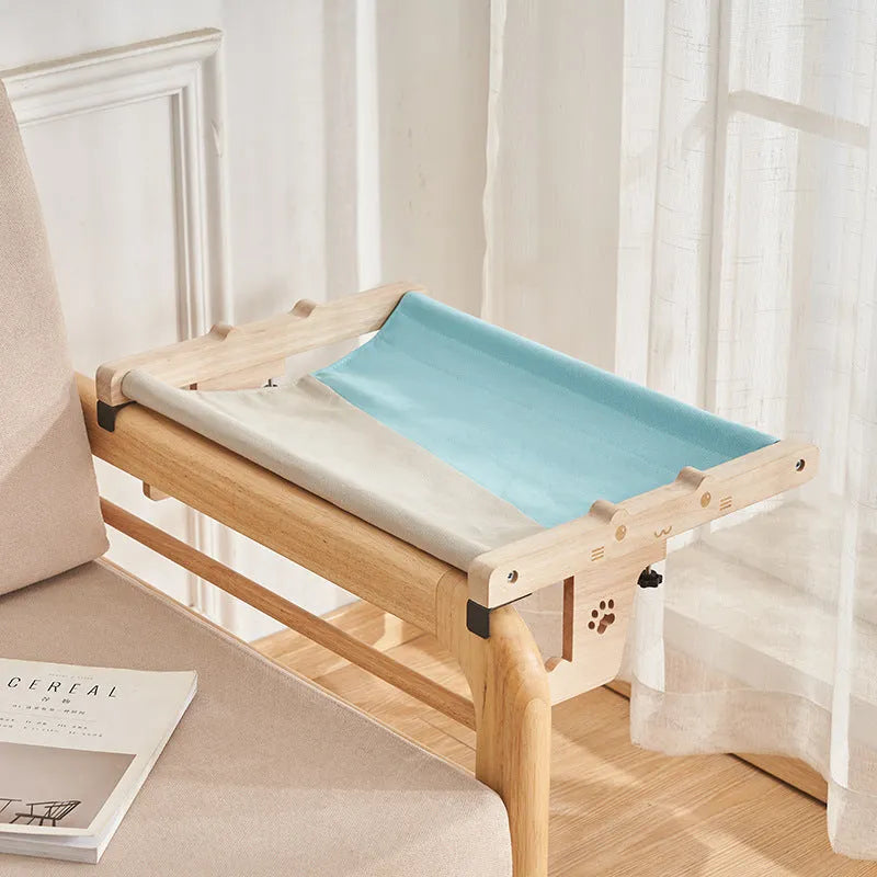Wooden frame cat hammock hanging bed for balcony or window in one of seven available styles.