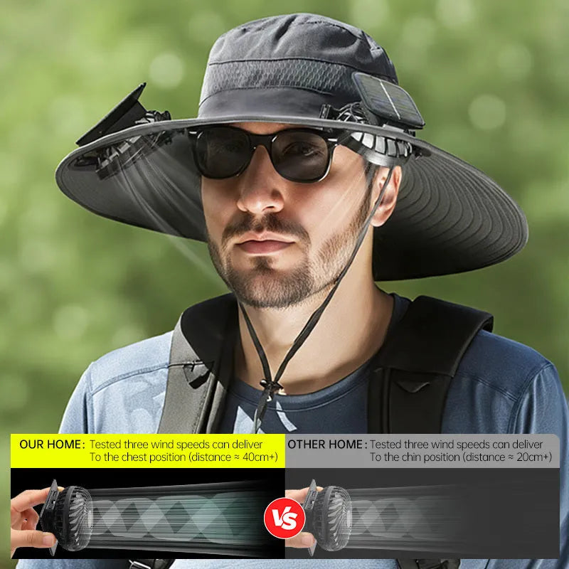 Men's grey solar-powered fan hat with integrated cooling fan and wide brim for sun protection.