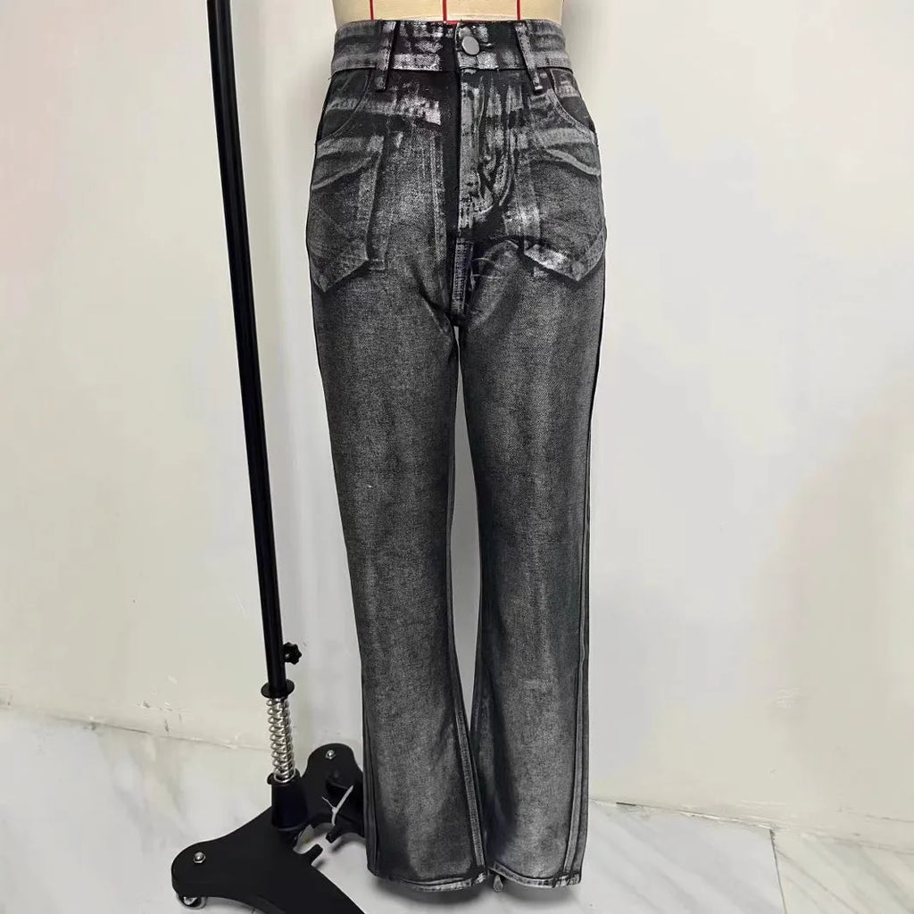 Women's washed blue high waist straight leg jeans with silver contrast details on back pockets