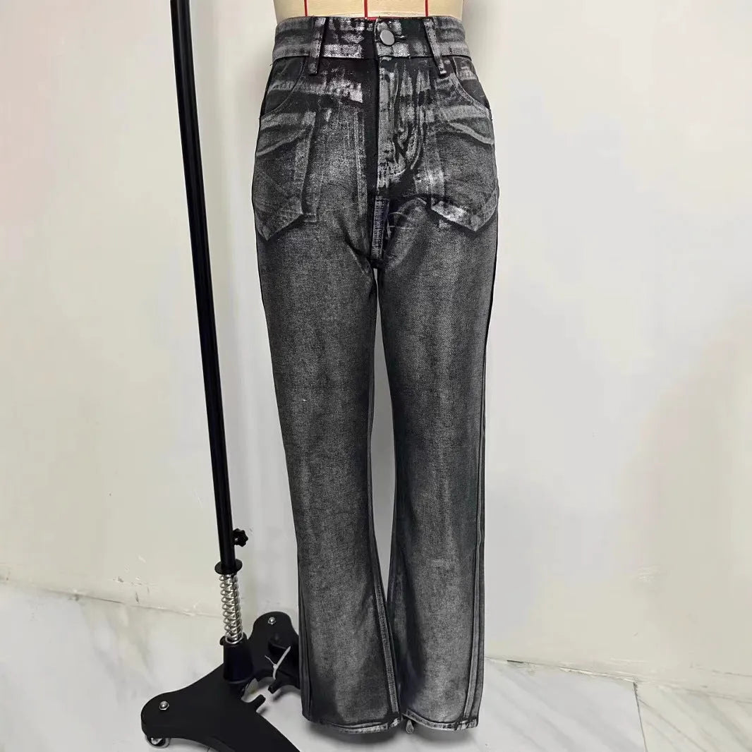 Women's washed blue high waist straight leg jeans with silver contrast details on back pockets