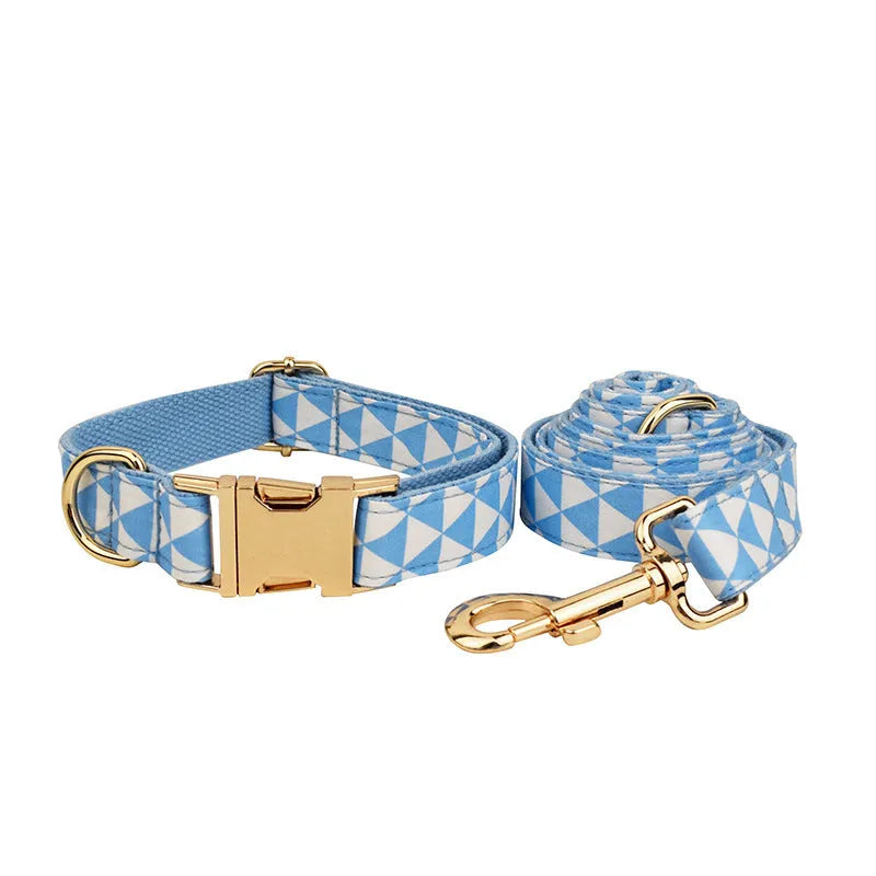 Blue cloth dog collar and leash four-piece set with vest and bow accessory
