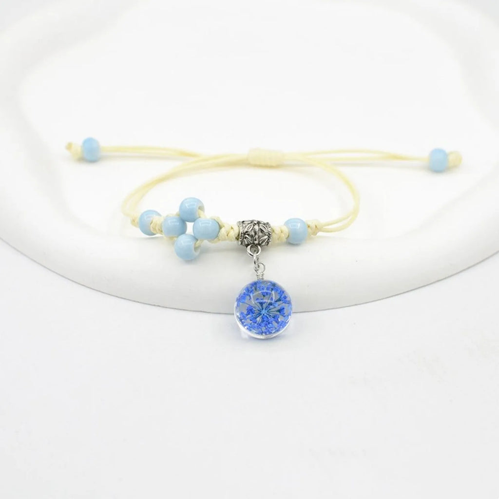 Hand-woven glass bracelet with real dried flowers inside large 1.4cm colored beads for women