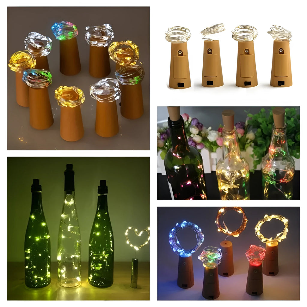 Copper wire LED string light with 20 bulbs and a white plastic bottle stopper for decoration.