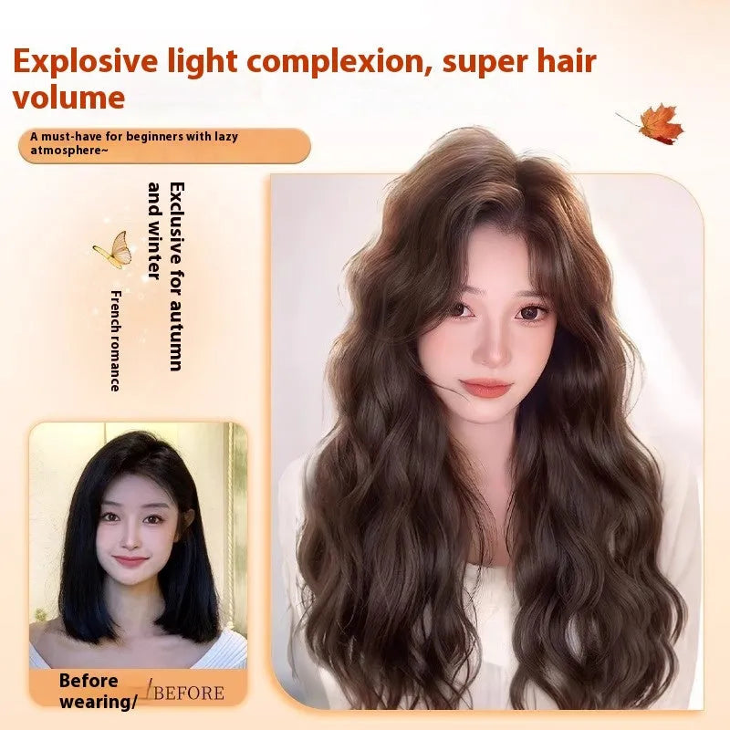 Full-head long curly synthetic wig with side bangs in cold brown colour.