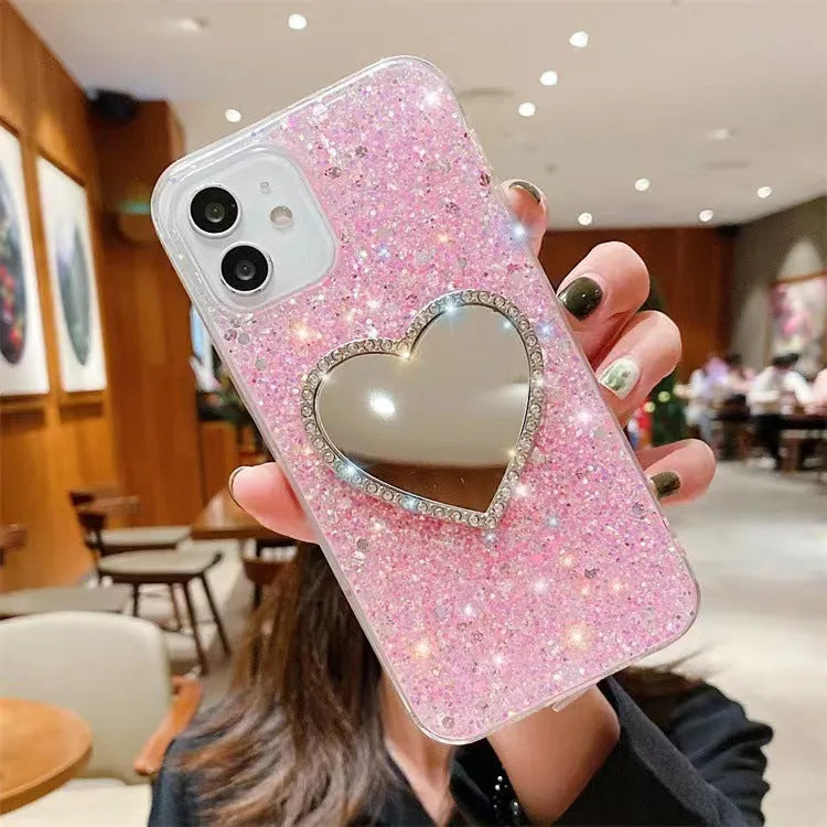 Glitter heart mirror rhinestone TPU phone case for Apple iPhone 11 12 13 14 15 Pro Max in gold