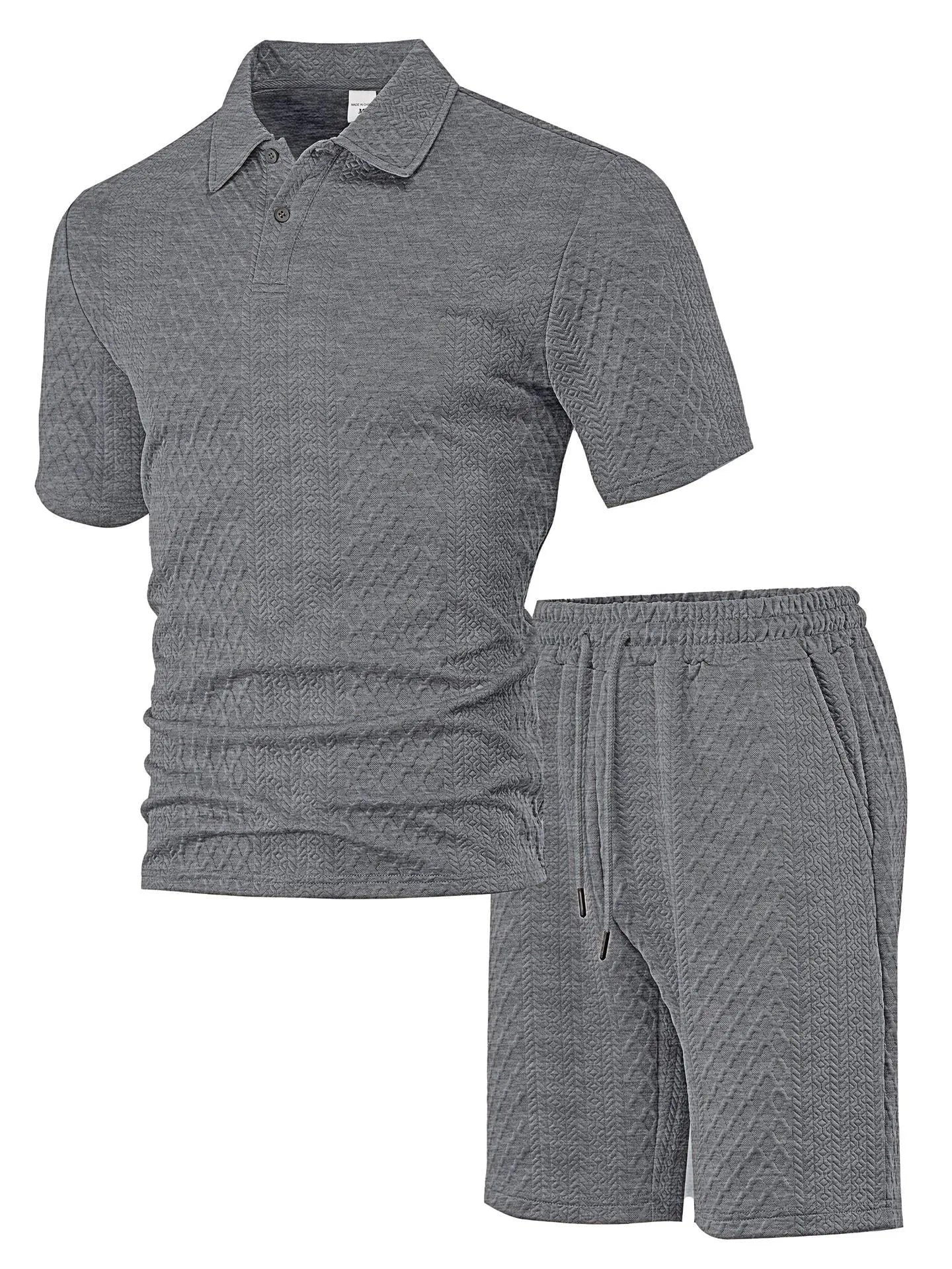 Men's patterned cloth casual suit with short sleeve polo top and matching trousers in multiple colour options