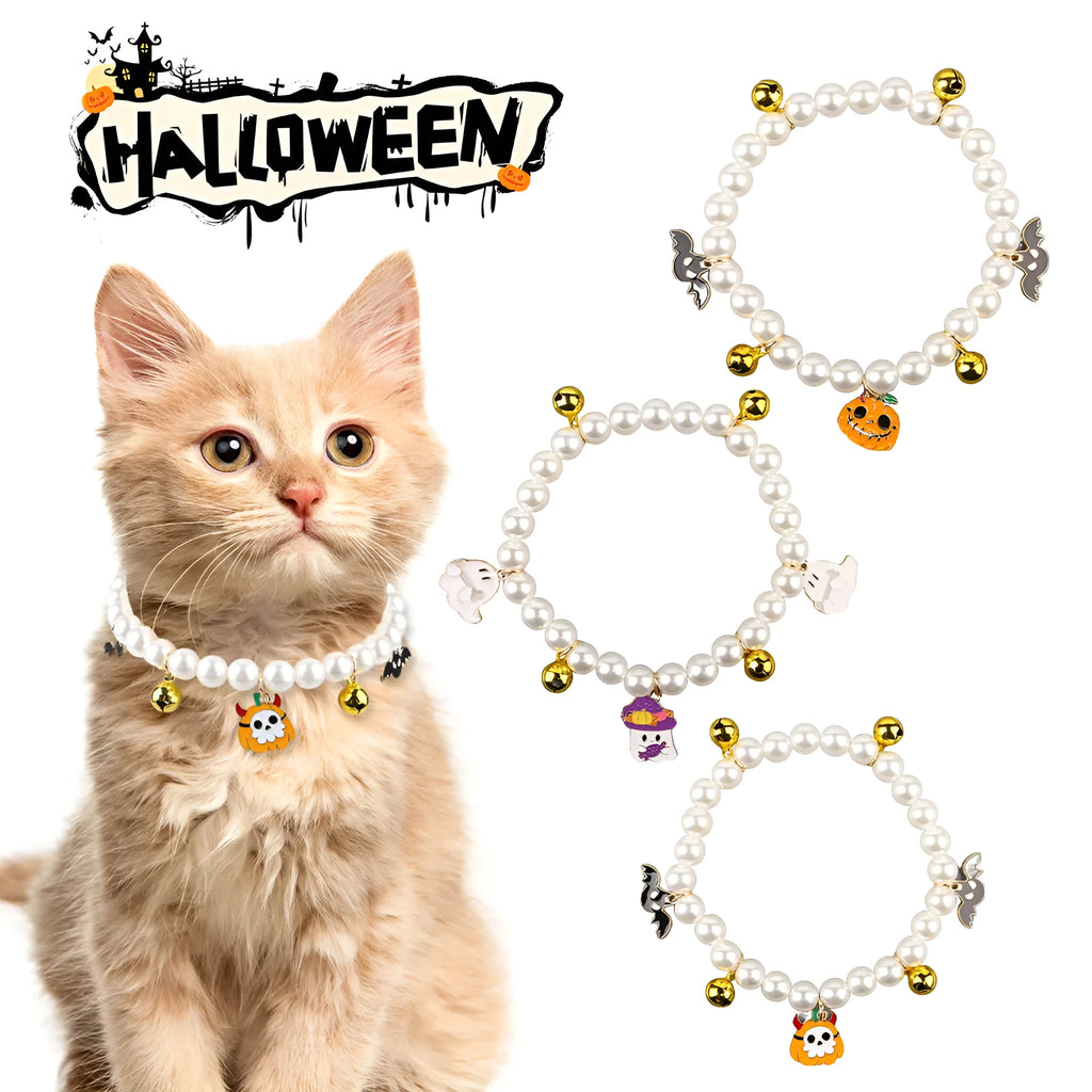 Halloween pet collar with simulated pearl necklace decoration in pumpkin designs