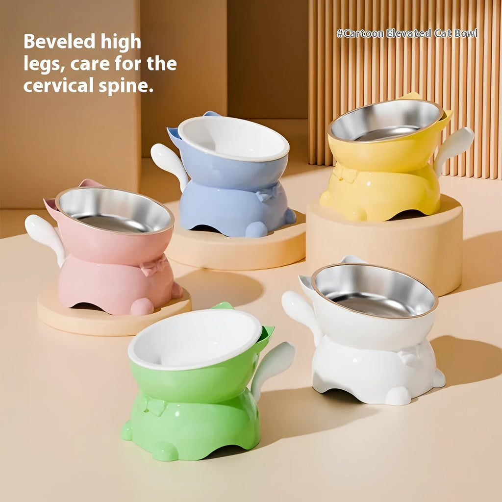Stainless steel slanted cat bowl in black, blue, pink, or yellow colour with a non-slip base.