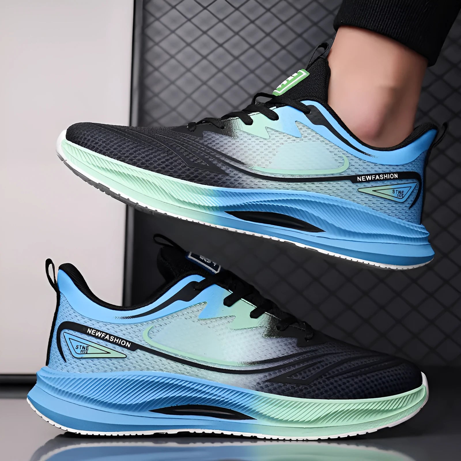 Men's woven mesh casual shoes with round toe and rubber soles in black blue colour