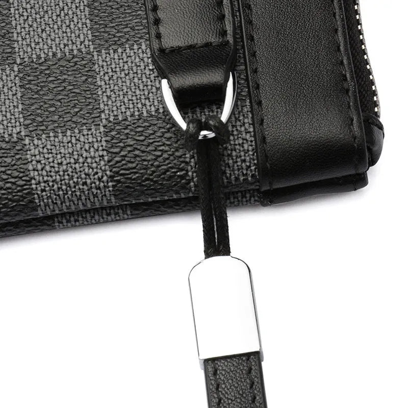 Black genuine leather men's clutch wallet showing cowhide texture and 20x10cm dimensions