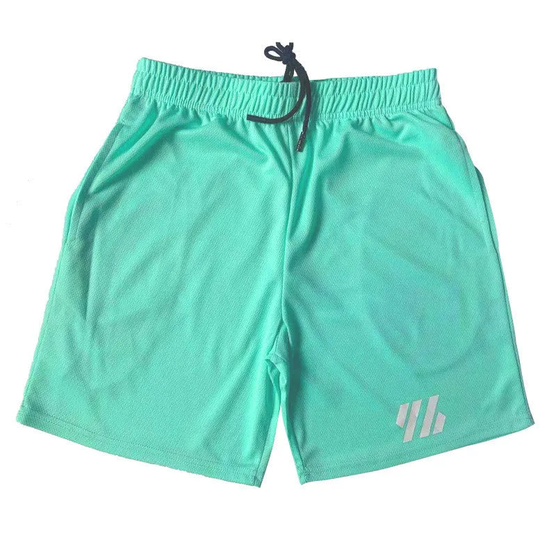 Loose fit metal silk fabric sports shorts in various colours including black, blue, and green for summer running and leisure.