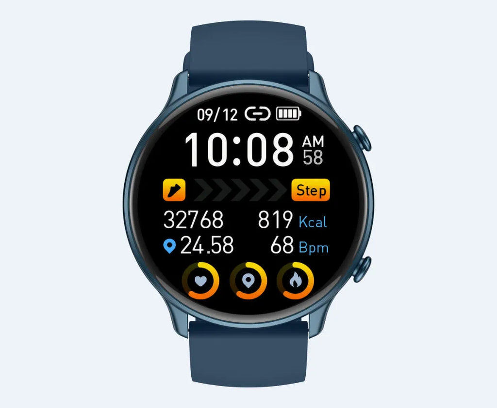Round smart sports watch with touch screen and silicone strap showing heart rate monitoring display