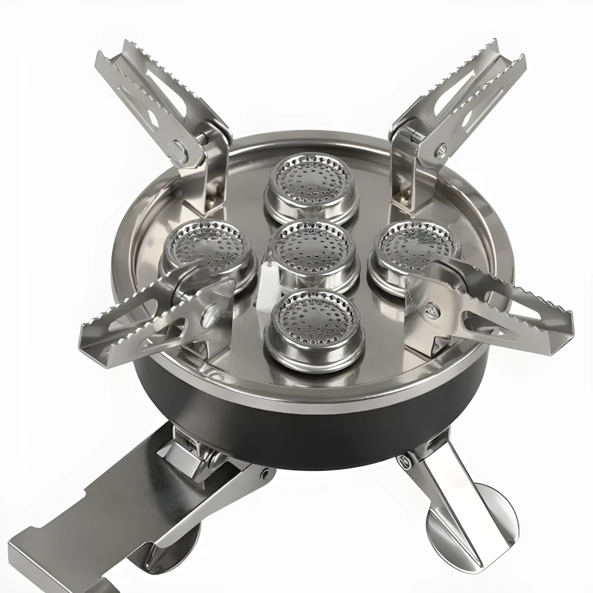 Silver foldable stainless steel portable camping split stove with a long gas hose