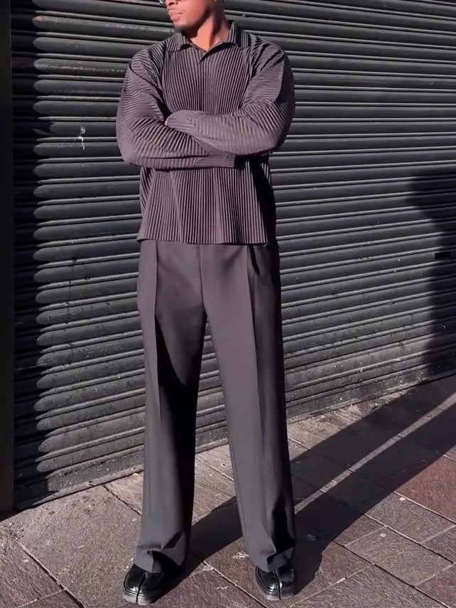 Men's casual pleated long-sleeved top in black polyester regular fit daily wear