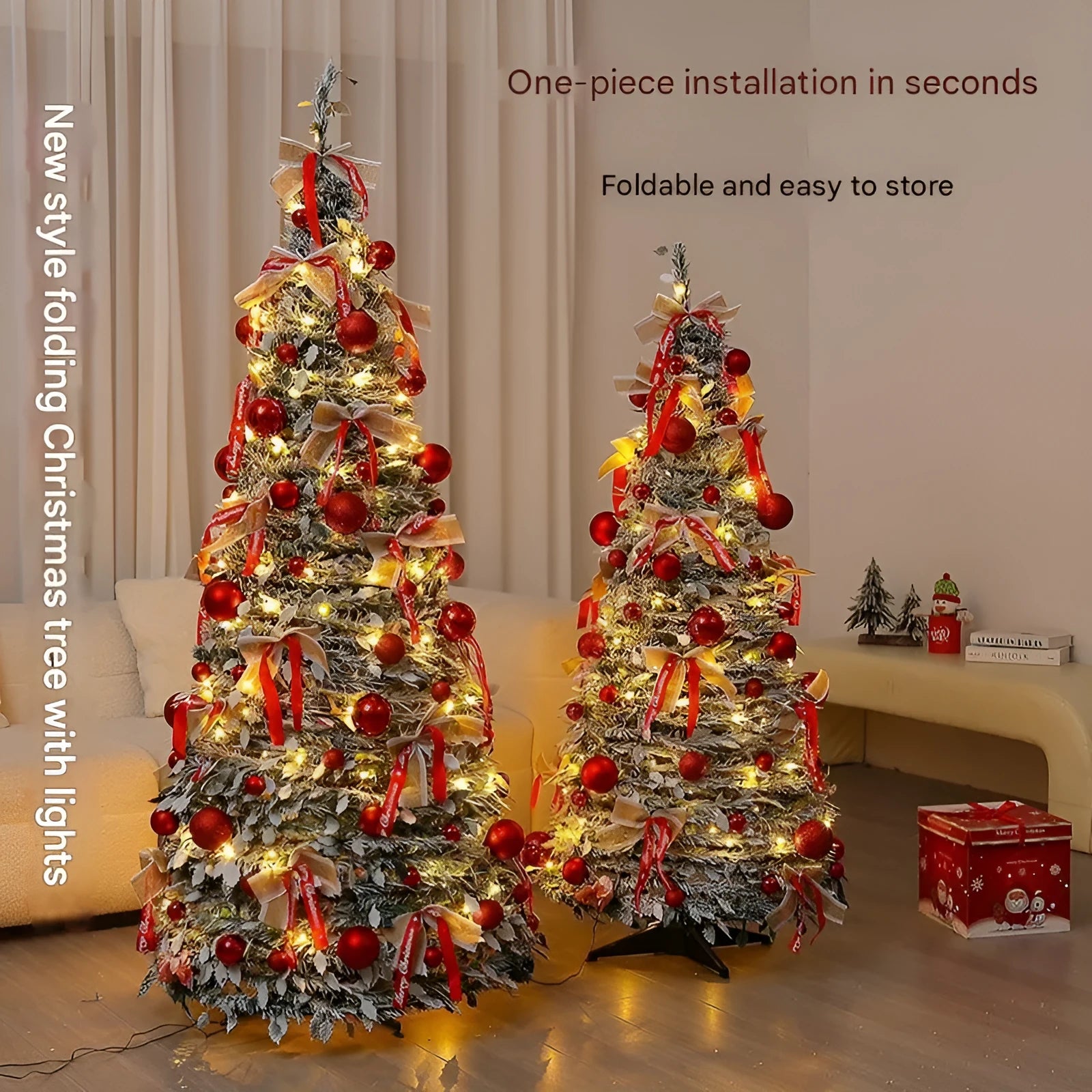 Green velvet foldable telescopic Christmas tree with warm lights on floor-standing base in indoor room setting