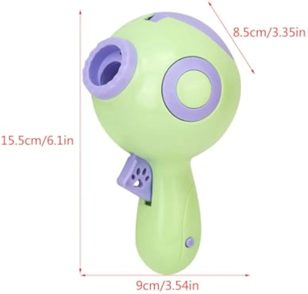 Green, orange, and pink dog treat launcher toy for interactive feeding and training