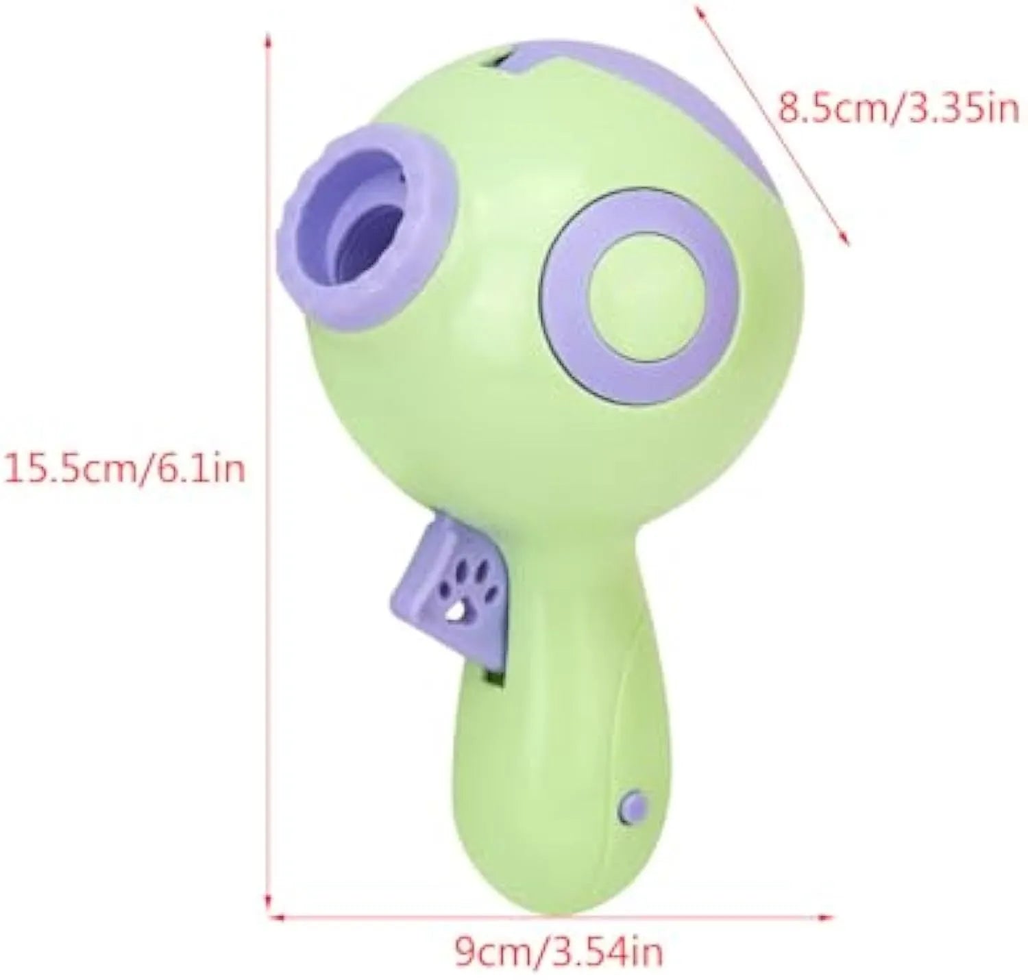 Green, orange, and pink dog treat launcher toy for interactive feeding and training