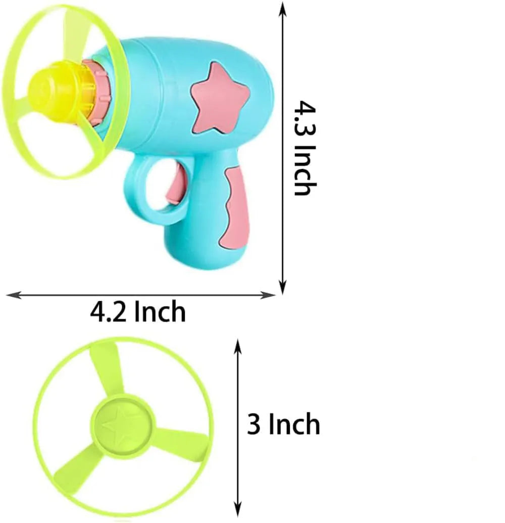 Blue plastic cat toy gun with rotating Frisbee launcher measuring 11cm tall for indoor cat play